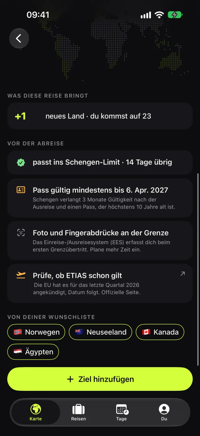 „Kann ich diese Reise machen?“ vor dem Buchen, mit Pass-, EES- und ETIAS-Check