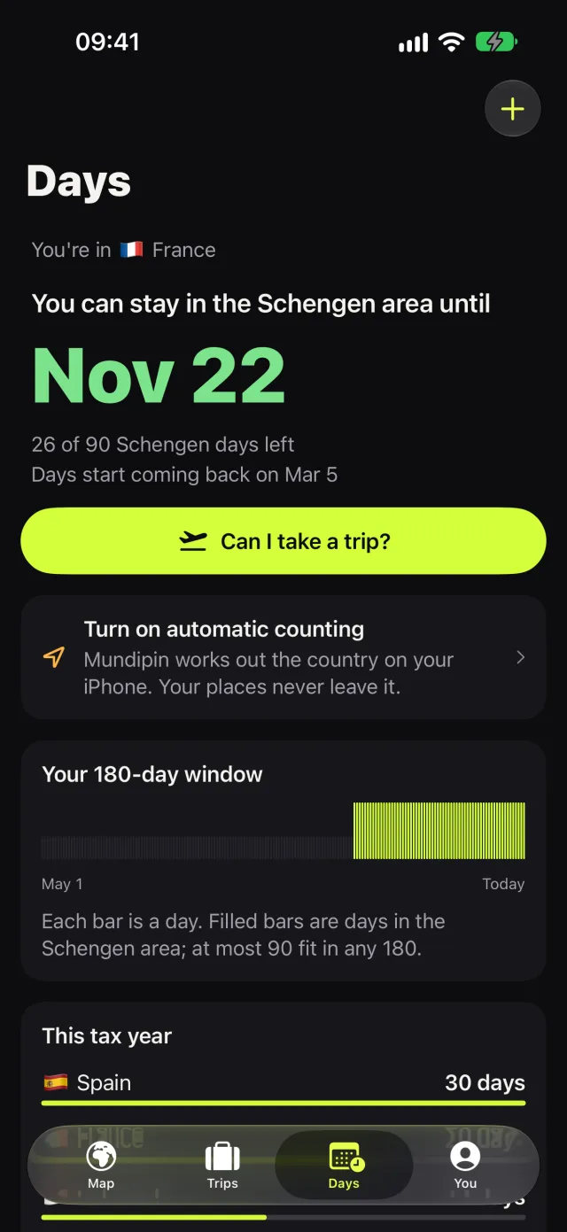 The Days tab: you can stay in the Schengen area until November 22