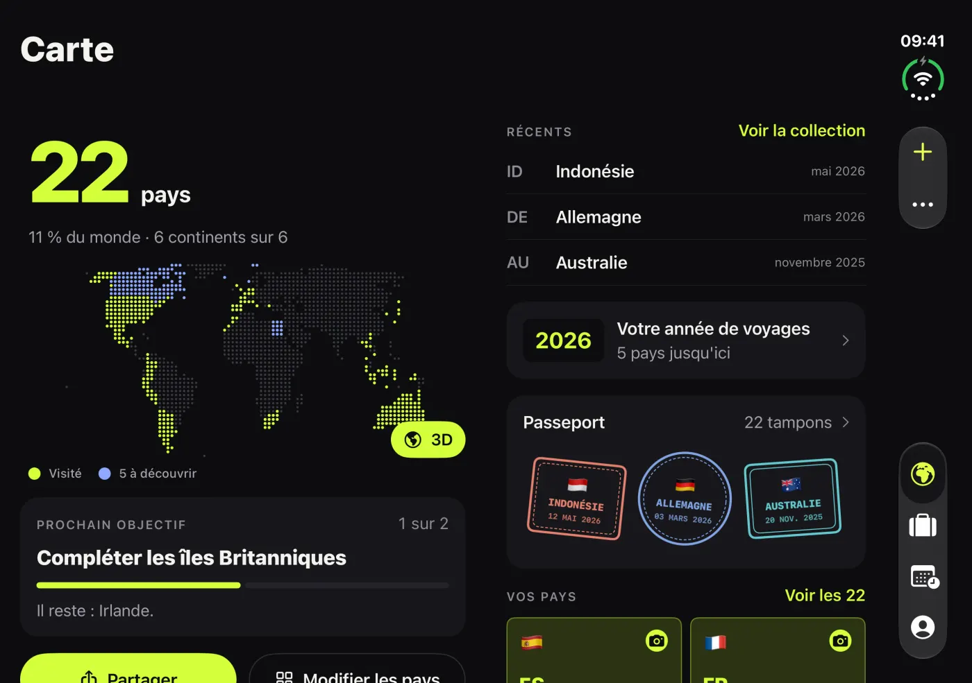 Mundipin ouvert sur iPhone Duo : la carte sur la page de gauche et les pays sur celle de droite