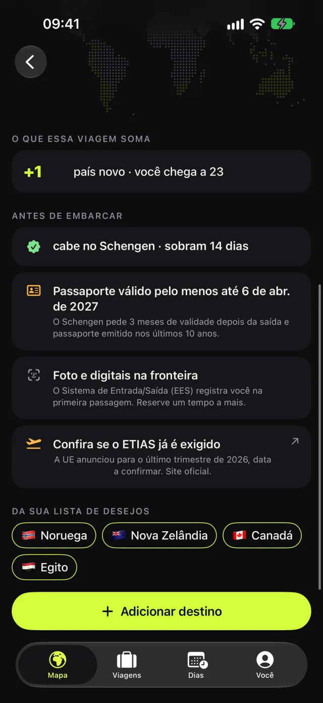 "Posso fazer essa viagem?" antes de comprar, com passaporte, EES e ETIAS conferidos