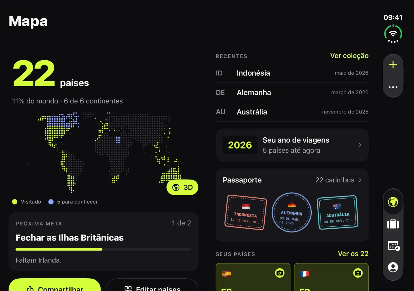 Mundipin aberto no iPhone Duo: o mapa na página da esquerda e os países na da direita